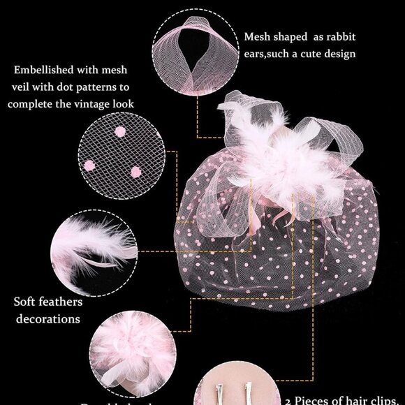 Women Fascinators Hats Set Pink Lace Gloves Pearl Jewelry for Tea Party - Picture 3 of 7